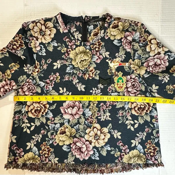 Zara Jacquard Top Women's Size‎ M Floral Tapestry Frayed Fringed Short Sleeve - Image 5