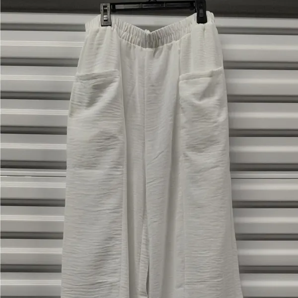 Zenana Women's Pants Size Large White Wide Leg Boho Festival Coastal Vacation - Image 5