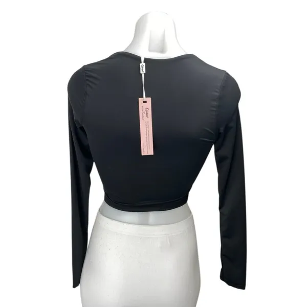 NEW Qinsen Women's Black Square Neck Long Sleeve Slim Stretch Crop Blosue Top S - Image 2