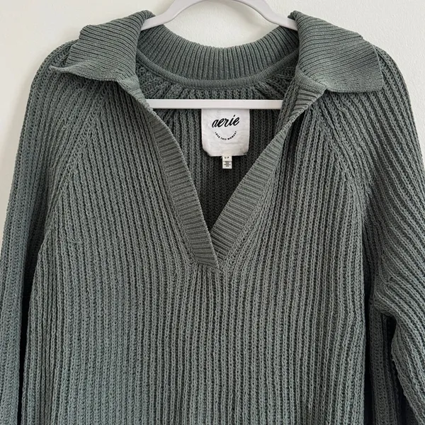 Aerie Sugar Rush Chenille Sweater in Green Size Small V Neck Collared - Image 3