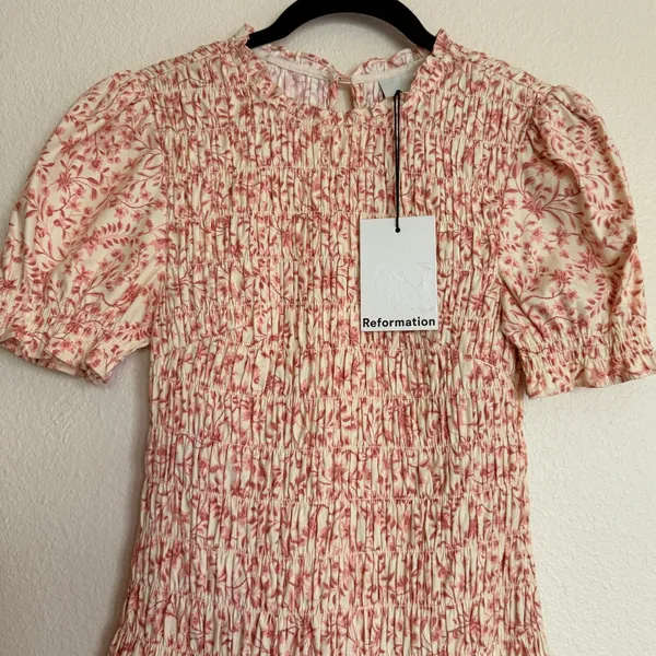 Reformation Leannah Pink Floral Smocked Mini Dress Organic Cotton Puff Sleeve 2 - Image 4