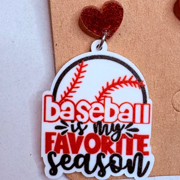 Baseball Favorite Season Earrings‎ Women OS Red White Glitter Heart Drop New - Image 5