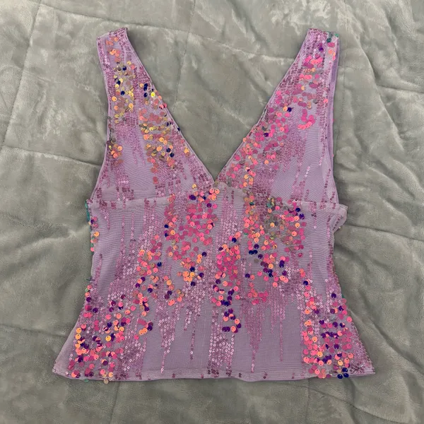 Purple Sequin V Neck Tank Top Y2K 2000s Going Out Top Glam - Image 4