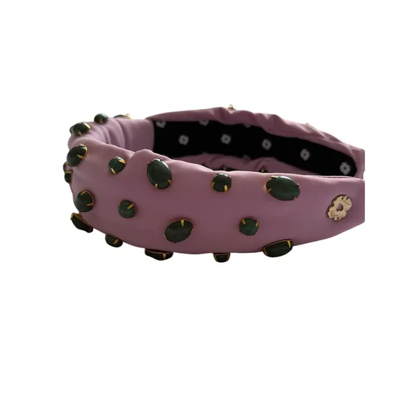 Hello Edie Pink Knotted Headband Green Gemstone Embellished Statement Headband - Image 2