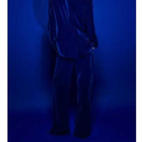 Zara Blue Velvet Velour High Waist Wide Flared Leg Crop Ankle Trousers Pants S - Image 10
