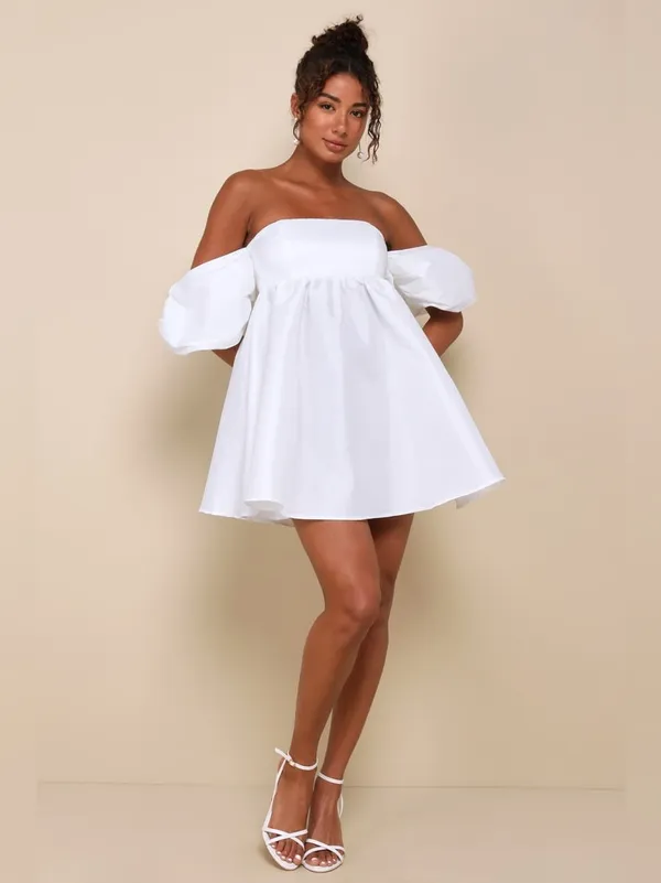 Lulus Sweet Vision White Taffeta Off-the-Shoulder Babydoll Mini Dress Medium - Image 3