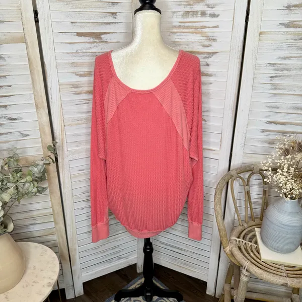 FREE PEOPLE Women's Large Santa Clara Oversized V Neck Thermal Sweater Top Pink - Image 11