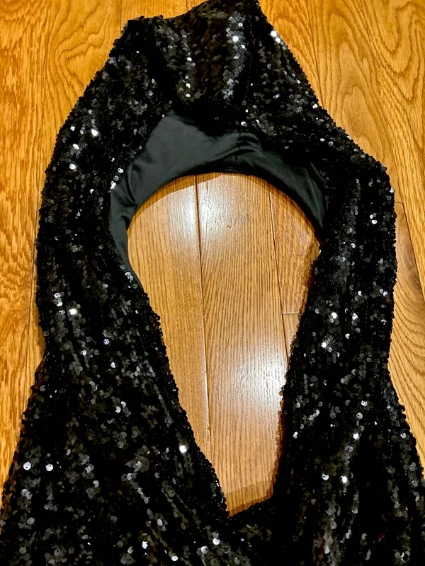 Akira NWT Cool Girl" Hood runway black Sequin Deep V Halter backless dress L - Image 15