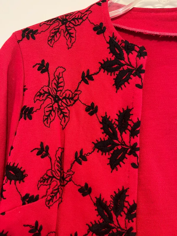 Vintage Red Cardigan with Black Floral Detail - Size Small - Image 3