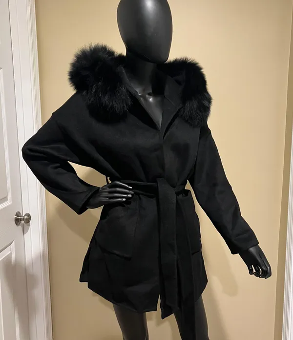 Fox Fur Winter Trench Coat Wool Jacket Parka Bomber Fall Jacket Warm Cardigan Black Size M - Image 2