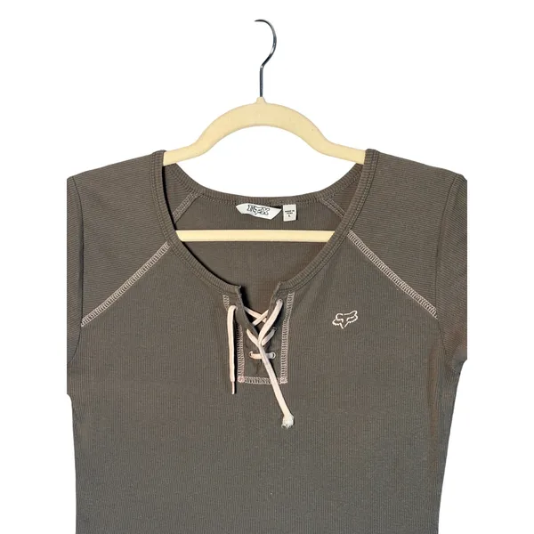 Fox Racing Womens Top L Olive Green Lace Up Ribbed Contrast Stitch Y2K Gorpcore - Image 5