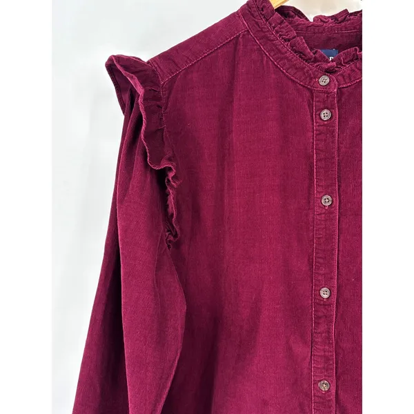Gap Corduroy Ruffle Shirt Womens XL Tall Burgundy Long Sleeve Button Up - Image 4