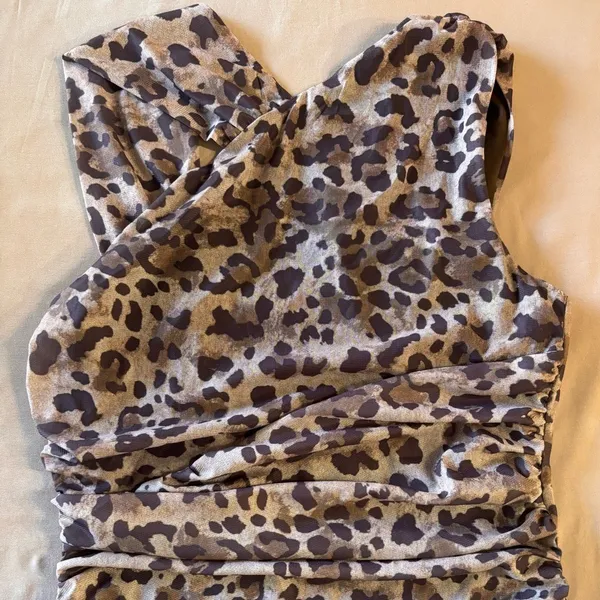 Tyssedal Studio Leopard Print Ruched Crossover Halter Bodysuit Brown Tan Large - Image 7