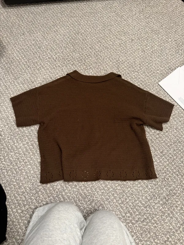 Boutique brown knit button up short sleeve shirt - Image 4