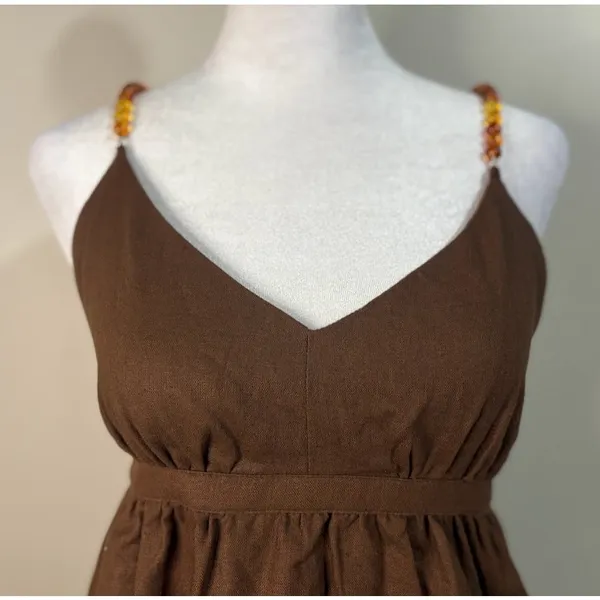 Rachel Zoe Cami Top Womens XS Brown NEW Beaded Strap Linen Blend Babydoll V-Neck - Image 5