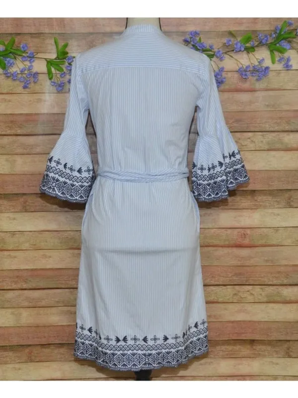 Cremieux Womens SZ 0 Blue White Striped Embroidered Bell Sleeve Tie Waist Dress - Image 9