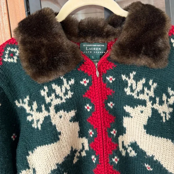 Vintage Ralph Lauren Hand Knit Wool Fur Collar Reindeer Christmas Sweater zipup - Image 6