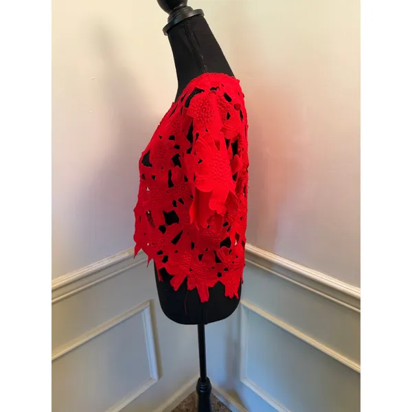 Atmosphere Tomato Red Floral Crochet Lace Crop Top Guipure Cutout Short Sleeve - Image 5