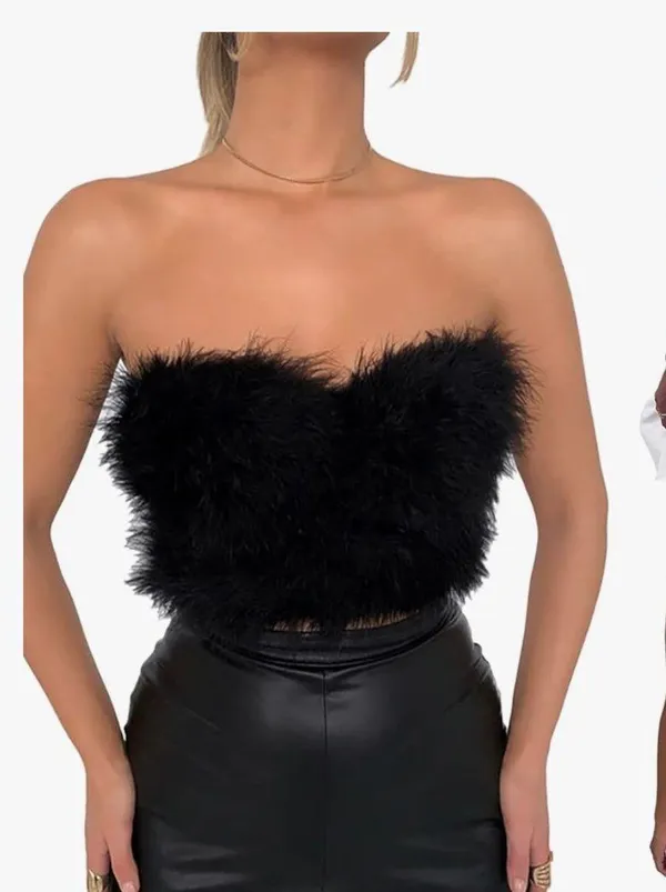 Black Fur Crop Top Size M - Image 4