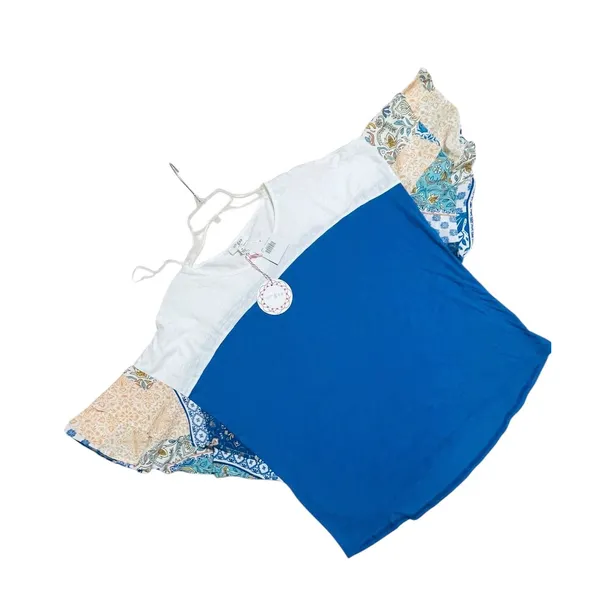 Umgee Royal Blue White Colorblock Boho Paisley Tiered‎ Bell Sleeve Top M NEW - Image 3