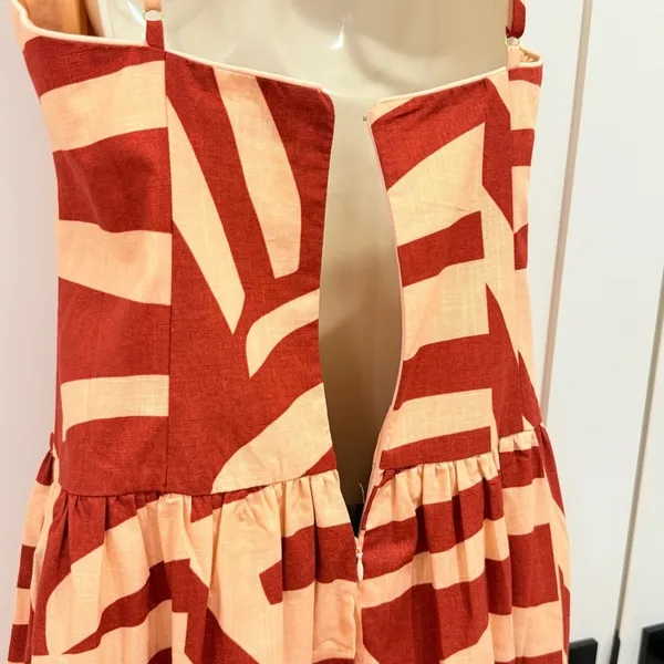 Mon Renn Surreal Midi Dress Tropico Print Red Medium Drop Waist Vacation Resort - Image 6