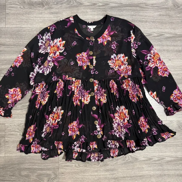 Cottagecore Womens Tunic‎ 2X Black Floral Sheer Mesh Babydoll Button Front Top - Image 11