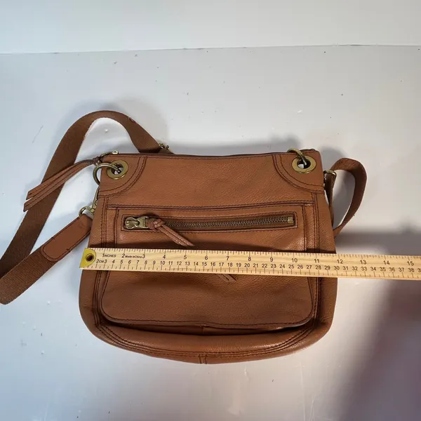 Fossil Cognac Brown Pebbled Leather Convertible Crossbody Bag Antique Brass‎ Zip - Image 7