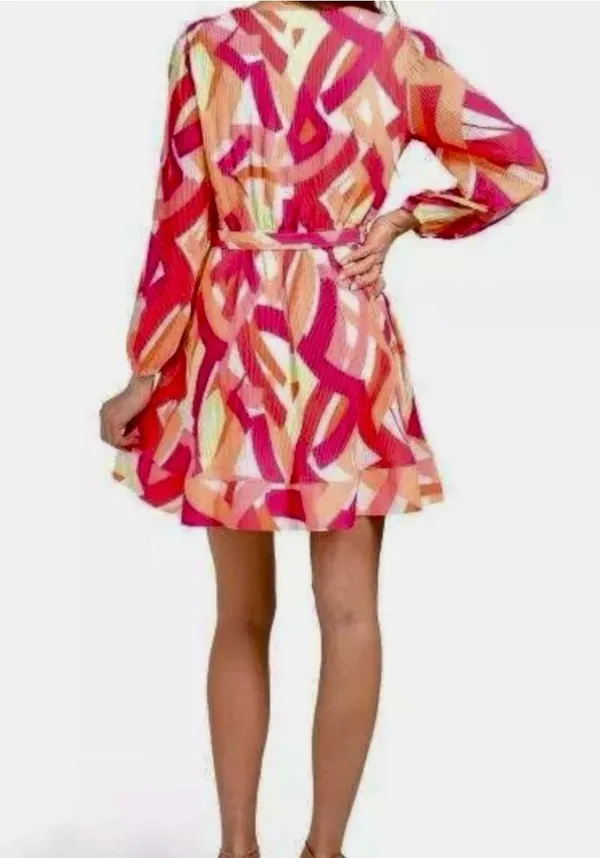 Nicole Miller NY Pleated Mini Dress Size L Multicolor Abstract V-Neck - Image 2