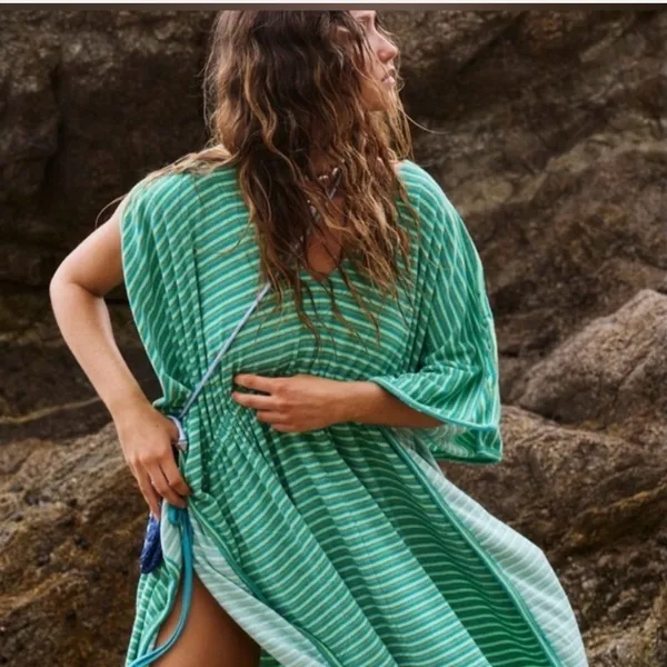 Free People NWT FP Beach Striped Terry Kaftan Maxi Dress Blue Combo Green M/L - Image 6