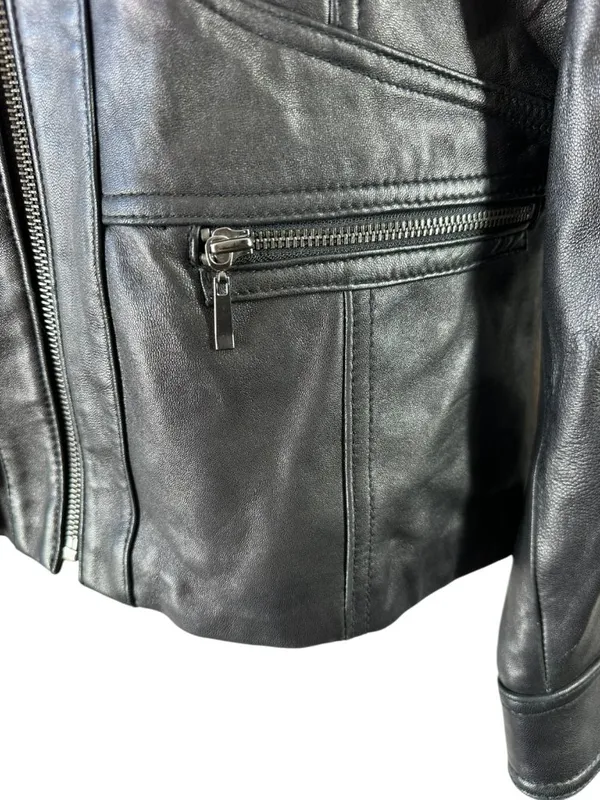Kenneth Cole Reaction Black Leather Moto Jacket Women’s L Y2K Biker Zip - Image 5
