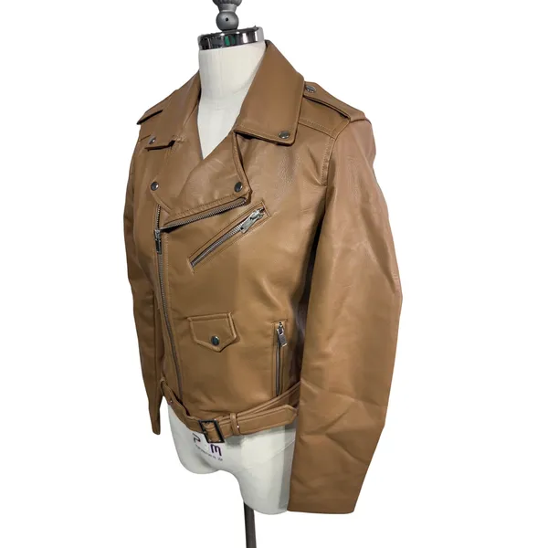 Women's Love Tree Faux Leather Moto Jacket Camel‎ Belted Biker Minimalist S New - Image 9