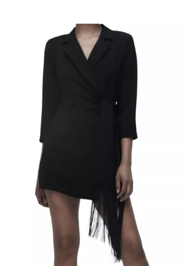 Zara blazer dress with fringes tied wrapped mini tailored black - Image 7