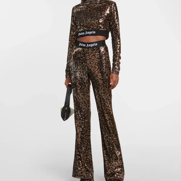 Palm Angels Glittering Sequin Crop Top - Black and Gold - Image 2