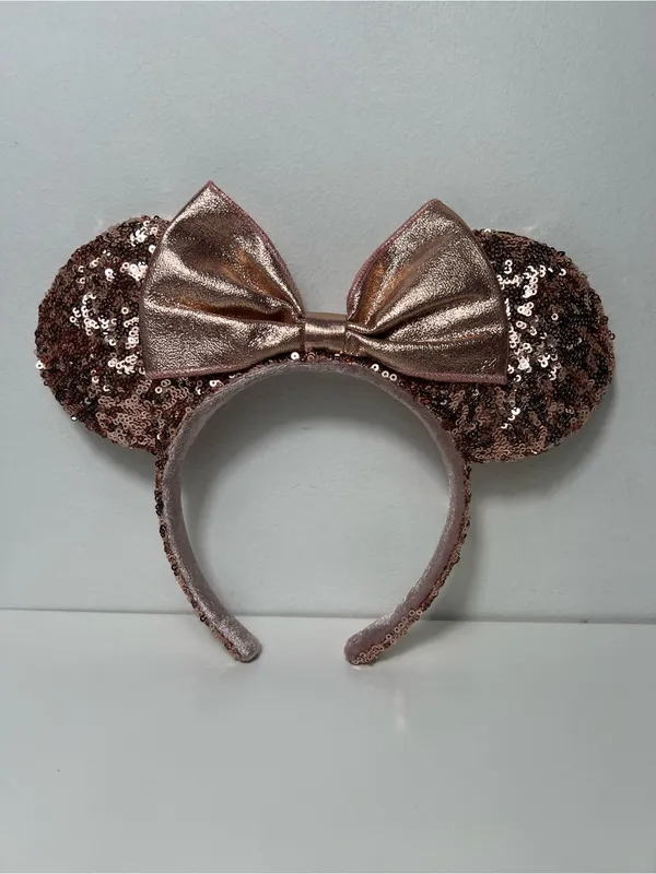 Tokyo Disney Resort Minnie Mouse Rose Gold Sequin Bow Headband Ears - Image 3