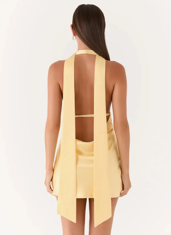 Peppermayo Alicia Satin Halter Mini Dress Yellow - Image 2