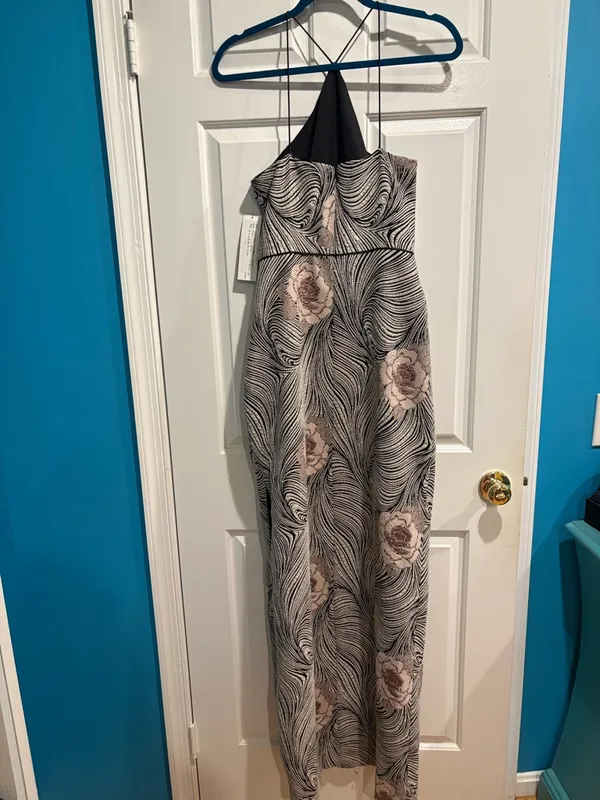 Aidan Mattox maxi jersey floral dress gown wedding guest 6 black taupe new - Image 2