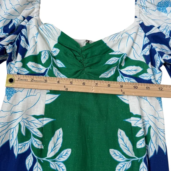 NWT Farm Rio Soft Garden Linen-Blend Floral‎ Mini Dress Blue Green White XXS - Image 8