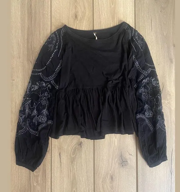 free people embroidered penny tee ruffle sheer long sleeve blouse - Image 3
