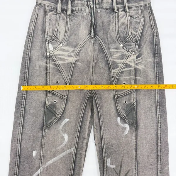 Acid Wash Wide Leg Paneled Denim Jeans Gray Streetwear Measurements in Photos - Image 4