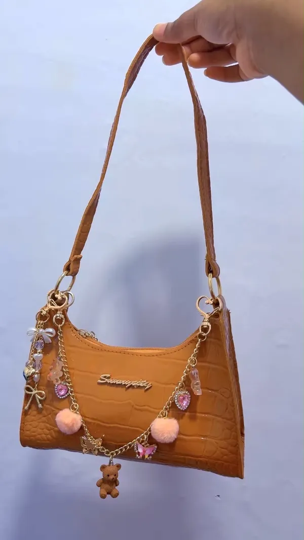 Brown Crocodile Embossed Shoulder Bag with Charm Chain & Teddy Bear Details - Image 6