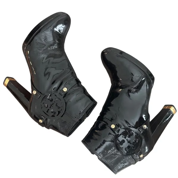 Tory Burch Whitney Booties Black Patent Leather Logo Platform Size 8 - Image 7