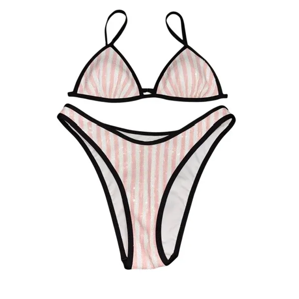 Victoria's Secret Heritage Stripe Sequin Two Piece Bikini Brazilian Pink White S - Image 3