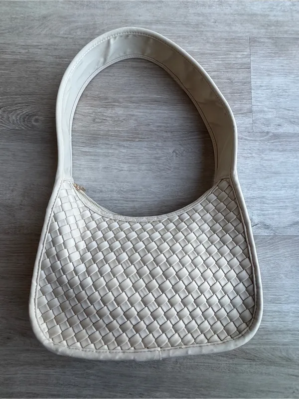 Anthropologie woven neoprene shoulder bag zip neutral beige nylon purse - Image 3