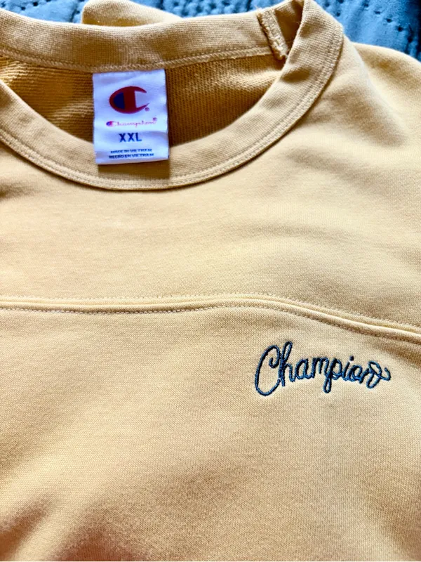 Champion Script Logo Mustard Yellow Striped Trim Crewneck Sweatshirt XXL - Image 3