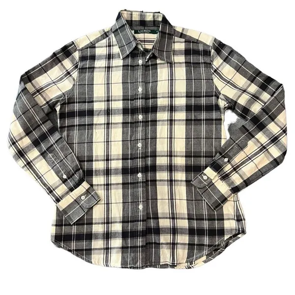 Lauren Ralph‎ Lauren Button-Up Shirt Womens Size Small Plaid Black Cream Long - Image 2