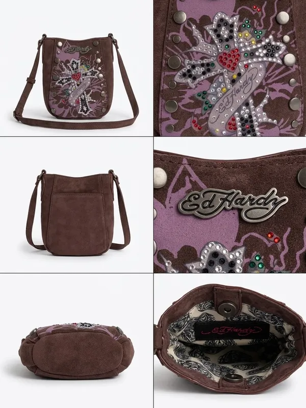 NWT Ed Hardy Y2K Rhinestone Crossbody Purse Purple Suede Crystal Cross Studded - Image 2
