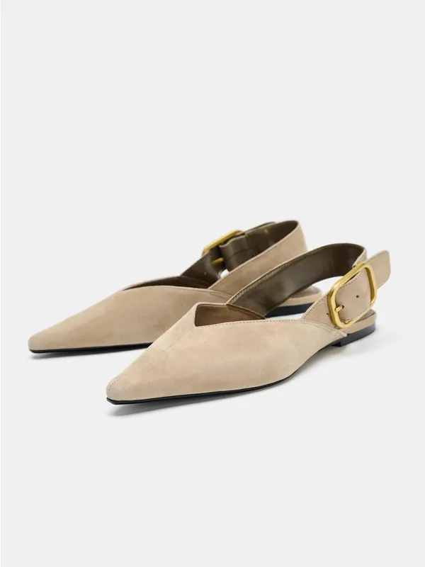 Zara‎ Suede Pointed Toe Slingback Flats in Beige with Gold Buckle Size 38/7 - Image 11