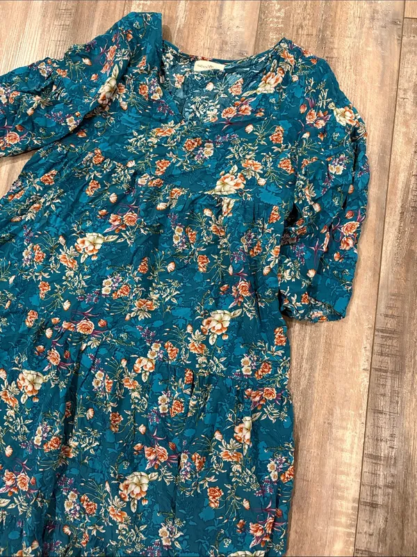 Natural Life Charlotte RayonTiered Midi Dress Teal Floral XS - Image 6