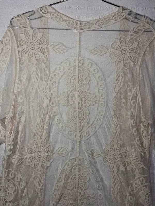 Open Lace Ivory Festival Mesh Kimono Top Size M Relaxed Boho Country Cowgirl - Image 5