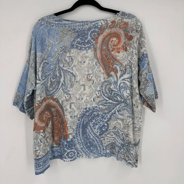 Chico's Paisley Knit Top Size L Blue Orange Button Detail‎ Boho Boxy Beachy - Image 9